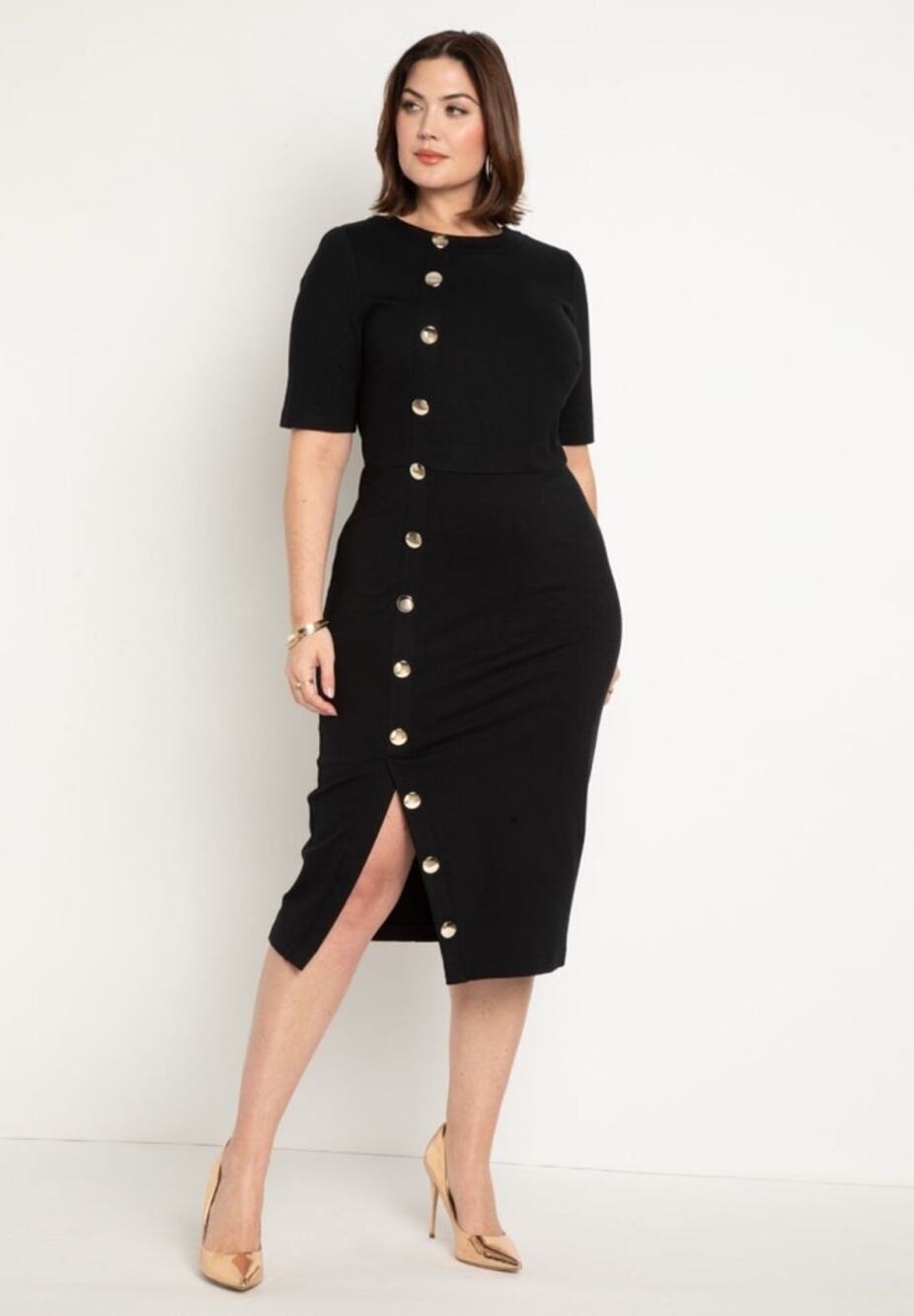 Eloquii Dress SZ 26 NWT Midi Gold Button Detail Work Black Career Office Plus